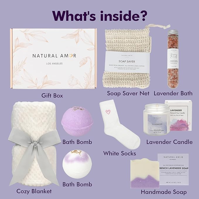 Natural Amor Lavender Blanket Spa Gift for Women 8pcs, Birthday Gift for Women, Self Care Gift for Birthday, Christmas