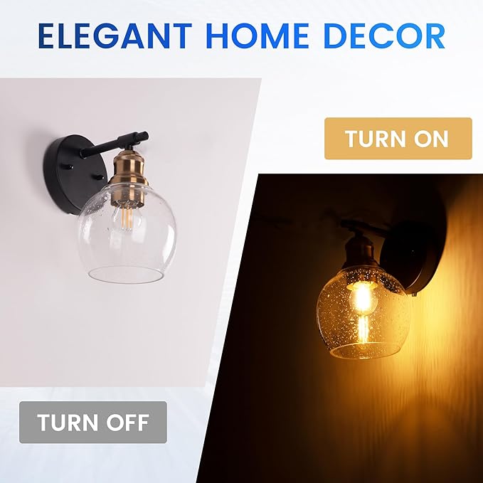 1-Light Bathroom Wall Sconce, Matte Black and Gold Vanity Light, Modern Wall Light Fixture with Seeded Glass Shade and E26 Bulb Base, Wall Lamp Wall Mount Light Fixtures for Mirror, Bedroom, Hallway