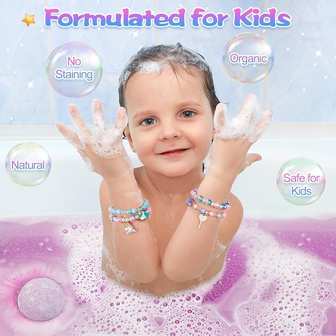 8 Pack Bubble Bath Bombs for Kids with Bracelets Toys Inside, Organic Natural Kids Bath Bombs, Christmas Birthday Gift for 3 4 5 6 7 8 Year Old Girl, Princess Bath Bomb Kit with Mermaid Unicorn Toys