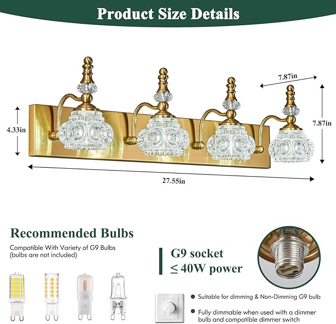 Modern Glass Crystal Vanity Light - Vintage Bathroom Lighting Fixtures Over Mirror, 4 Light Vanity Lights G9 Bulb (27.55 Inch, Gold)