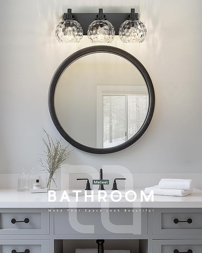 Bathroom Light Fixtures Over Mirror, 3-Light Matte Black Vanity Light with Clear Hammered Glass Globe Shade, Modern Sconces Wall Lighting for Bedroom Hallway, VL200-MB-3