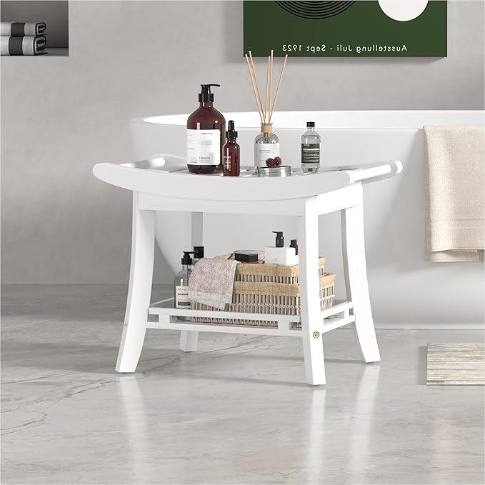 Bamboo Shower Bench Chair Bathroom Shower Stool Seat for Inside Shower Bathtub with Storage Shelf Shower Foot Rest for Shaving Legs 25.2 x 13 x 19.2 Inches White