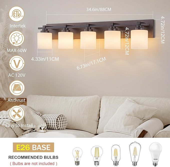 5 Light Modern Bathroom Light Fixtures Over Mirror, Bronze Finish Vanity Lights for Bathroom Wall Sconces with Milky White Glass Shades, E26 Socket (Bulbs Not Included)