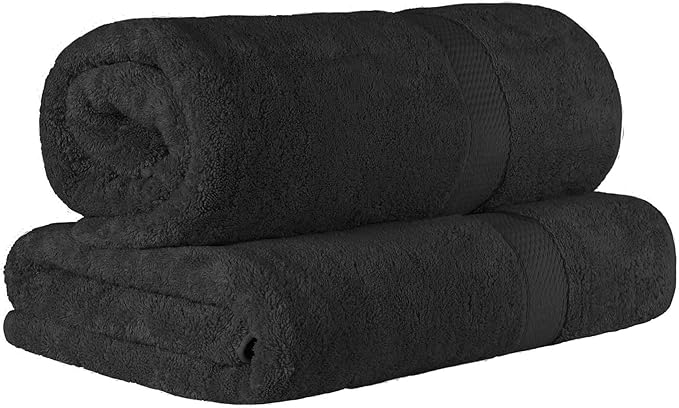 Superior Egyptian Cotton Pile Bath Sheet Set of 2, Ultra Soft Luxury Towels, Thick Plush Essentials, Absorbent Heavyweight, Guest Bath, Hotel, Spa, Home Bathroom, Shower Basics, Black