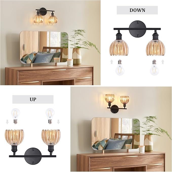 Bathroom Light Fixtures, 2-Light Black Vanity Wall Light Over Mirror with Amber Tulip Glass Shade for Bedroom Living Room (Bulb Not Included)