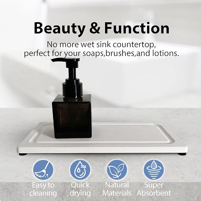 2 PCS Fast-Drying Stone Trays for Bathroom Sink & Kitchen Counter, Water Absorbing Diatomite Sink Coasters, Vanity Tray, Hand Soap Holder with Anti-Skid Pads (9.5" x 4.7" White)