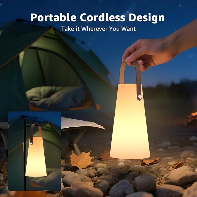2 Pack Outdoor Lanterns, GGII Rechargeable Camping Lantern with IP44 Waterproof, Battery Operated Outdoor Portable Cordless Table Lamp with RGB Lights for Patio Balcony Garden (Leather Handle)
