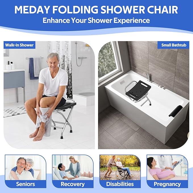Meday Folding Shower Seat - Stainless Steel Shower Chair for Inside Shower - 420lbs Height Adjustable Foldable Shower Stool - Portable Travel Collapsible Bath Bench for Elderly