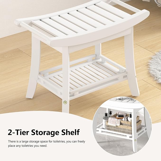 Bamboo Shower Bench Chair Bathroom Shower Stool Seat for Inside Shower Bathtub with Storage Shelf Shower Foot Rest for Shaving Legs 25.2 x 13 x 19.2 Inches White