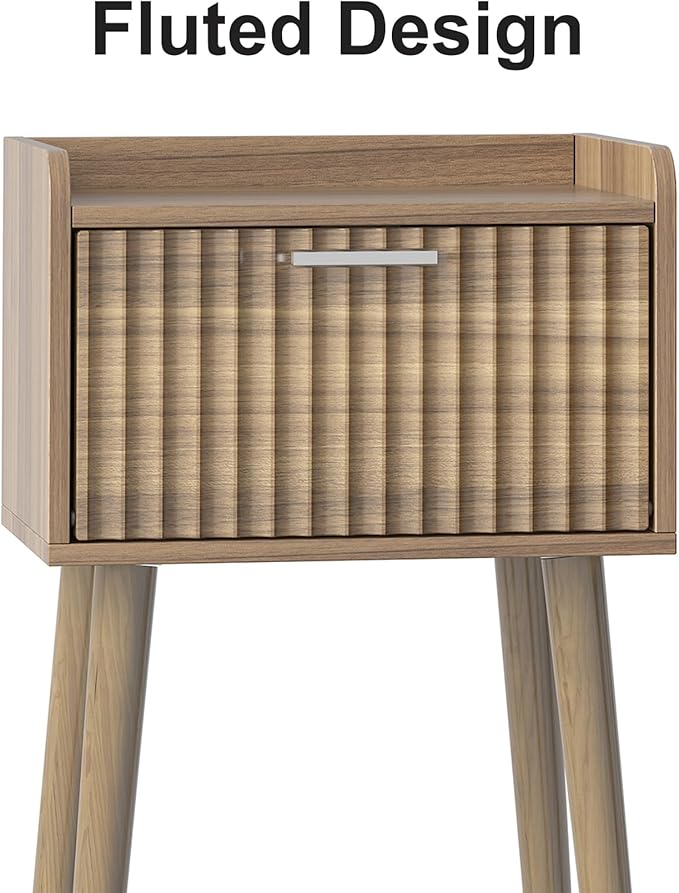 LAATOOREE Small Nightstand Set of 2, Side End Table with Fluted Door, Bedside Table with Solid Wood Legs, Mid-Century, for Bedroom, Small Beds