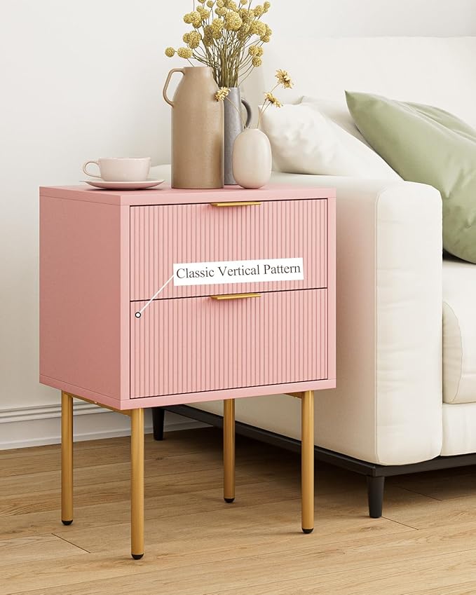 Masupu Night Stand,Mid-Century Modern Bedside Table with 2 Storage Drawer,Small Gold Frame Side End Table for Bedroom,Living Room, Pink