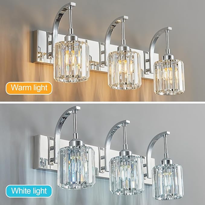 3-Light Crystal Vanity Light, Modern Chrome Bathroom Wall Sconce with K9 Crystal Shades, 23.62" Long Over Mirror Lighting for Vanity, Makeup, Hallway, Elegant & Durable