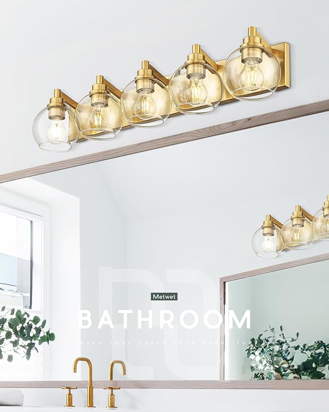 Bathroom Light Fixtures, 5 Light Brushed Gold Vanity Light, 32 Inch Modern Wall Sconces with Globe Clear Glass Shade, Vanity Lighting Fixtures Over Mirror, VL195-BG-CL-5