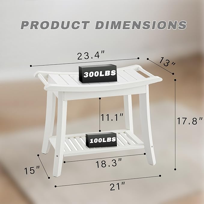 Bamboo Shower Bench Stool,24" Shower Chair Seat Non-Slip,Waterproof Bathroom Bench with Storage Shelf for Adults,Elderly, Disabled Indoor&Outdoor Use (White)