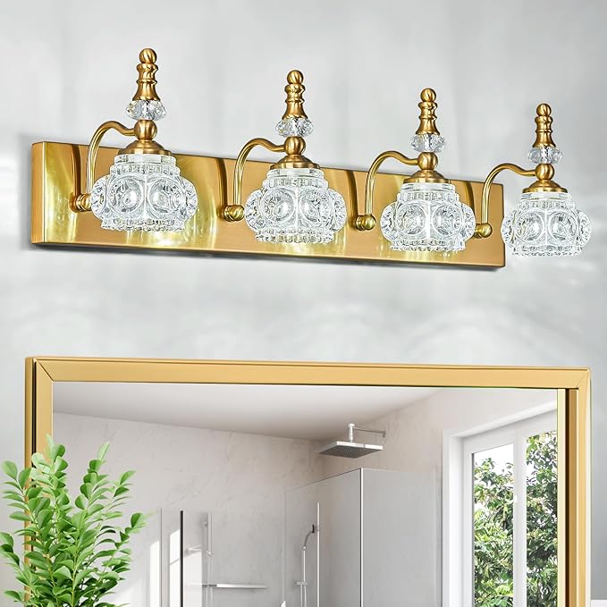 Modern Glass Crystal Vanity Light - Vintage Bathroom Lighting Fixtures Over Mirror, 4 Light Vanity Lights G9 Bulb (27.55 Inch, Gold)