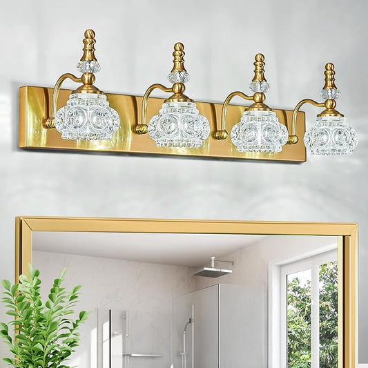 Modern Glass Crystal Vanity Light - Vintage Bathroom Lighting Fixtures Over Mirror, 4 Light Vanity Lights G9 Bulb (27.55 Inch, Gold)