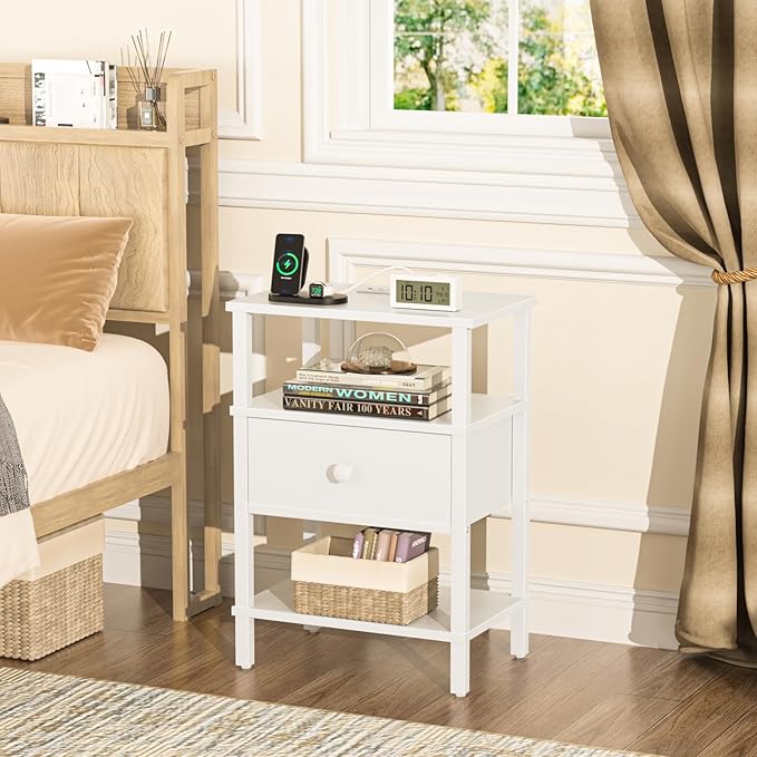 Lerliuo Nightstand with Charging Station and USB Ports, 3-Tier Storage End Table with Drawer Shelf, Night Stand for Small Spaces, Wood Bedside Table for Living Room, Bedroom - Elegant White