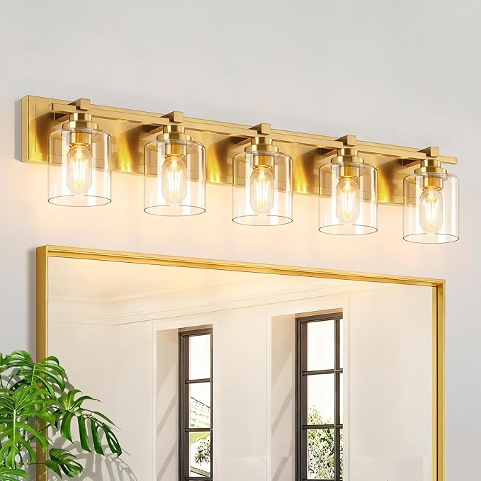 5 Light Modern Bathroom Light Fixtures Over Mirror, Brass Finish Vanity Lights for Bathroom Wall Sconces with Clear Glass Shades, E26 Socket (Bulbs Not Included)