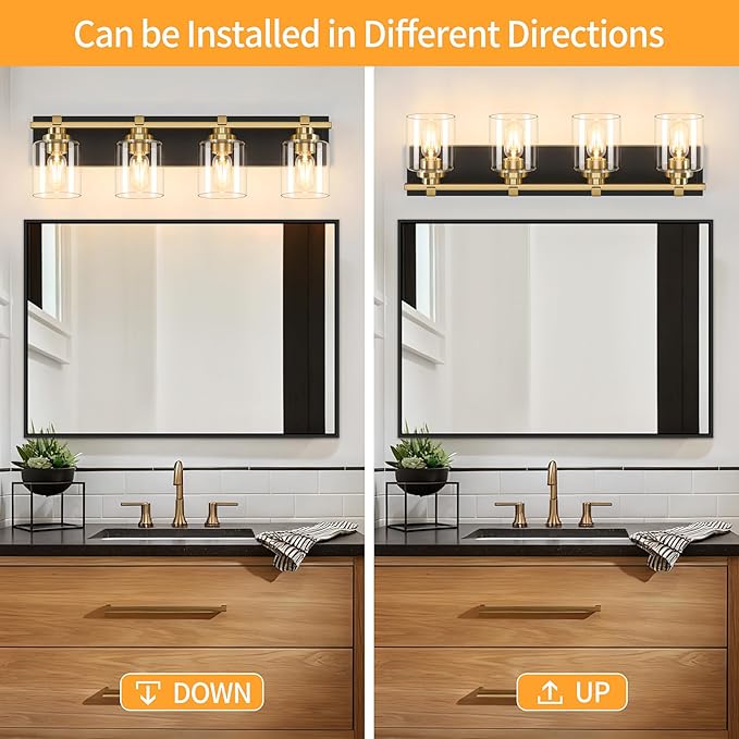 4 Light Modern Bathroom Light Fixtures Over Mirror, Black Gold Vanity Lights for Bathroom Wall Sconces with Clear Glass Shades, E26 Socket (Bulbs Not Included)