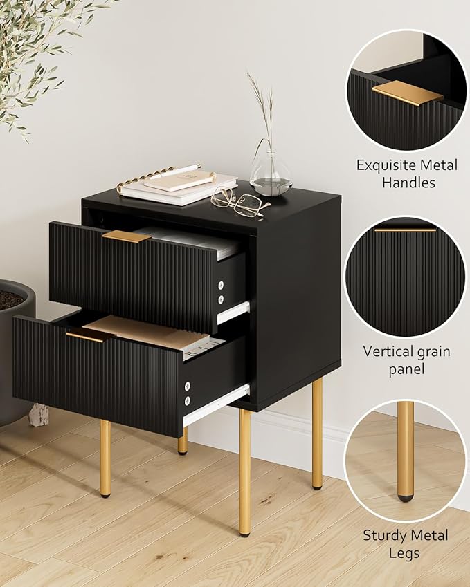 Masupu Nightstand,Mid-Century Modern Bedside Table with 2 Storage Drawer,Small Gold Frame Side End Table for Bedroom,Living Room, Black