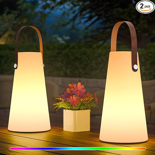 2 Pack Outdoor Lanterns, GGII Rechargeable Camping Lantern with IP44 Waterproof, Battery Operated Outdoor Portable Cordless Table Lamp with RGB Lights for Patio Balcony Garden (Leather Handle)