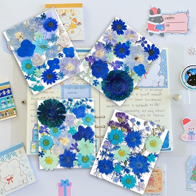 150PCS Blue Dried Pressed Flowers with Butterfly Stickers - YouthBro Real Nature Flowers Herb Set for Resin DIY Jewelry Candle Soap Vase Making Nail Card Scrapbook Art Craft Floral Decors