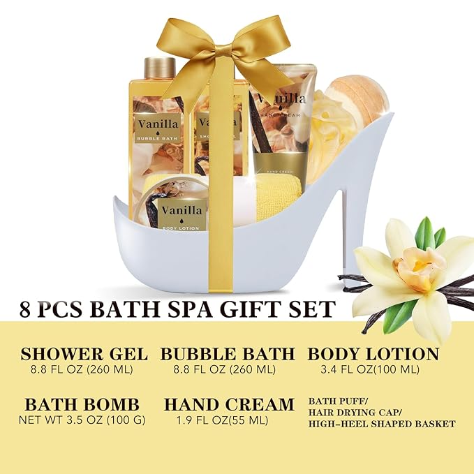Cozy Vanilla Gifts for Women Spa Basket, High Heel Bath Set with Bubble Bath & Shea Butter, Christmas Birthday Gifts for Mom, Her, Best Friend