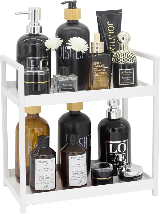 2-Tier Countertop Organizer for Bathroom – Cosmetic Organizer Rack and Storage Shelf for Bedrooms, Offices, Kitchen Counters, and Under Sinks (White)