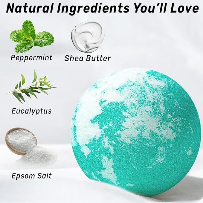 Menthol Fizzing Bath Bomb Eucalyptus Peppermint Epsom Salt Refreshing Bubble Spa with Essential Oil Infused Post Workout Sore Muscles Recovery Gift