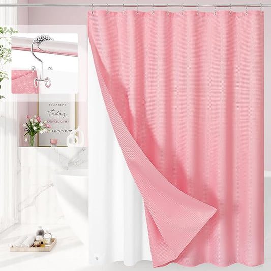 3 in 1 Extra Long Pink Shower Curtain Set-72 W x 84 H, Modern Waffle and PEVA Liner Set with 12 Stainless Steel Hooks, Waterproof Fabric for Bathroom