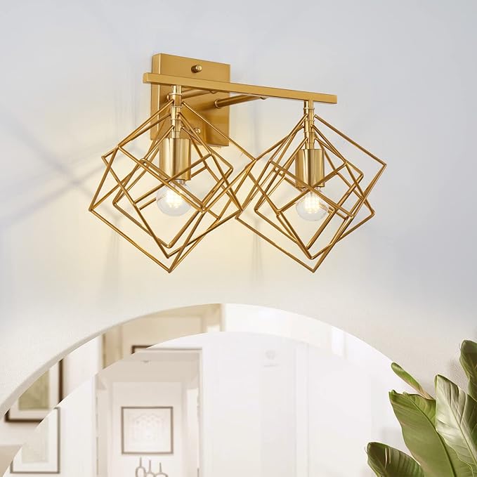 Bathroom Vanity Light with 2 Bulbs Bathroom Light Fixtures Over Mirror with Rotatable 2 Cube Shades Modern Wall Mounted Brushed Brass