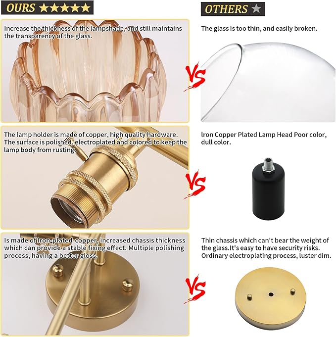 Bathroom Light Fixtures, 3-Light Brass Vanity Wall Light Over Mirror with Amber Tulip Glass Shade for Bedroom Living Room (Bulb Not Included)