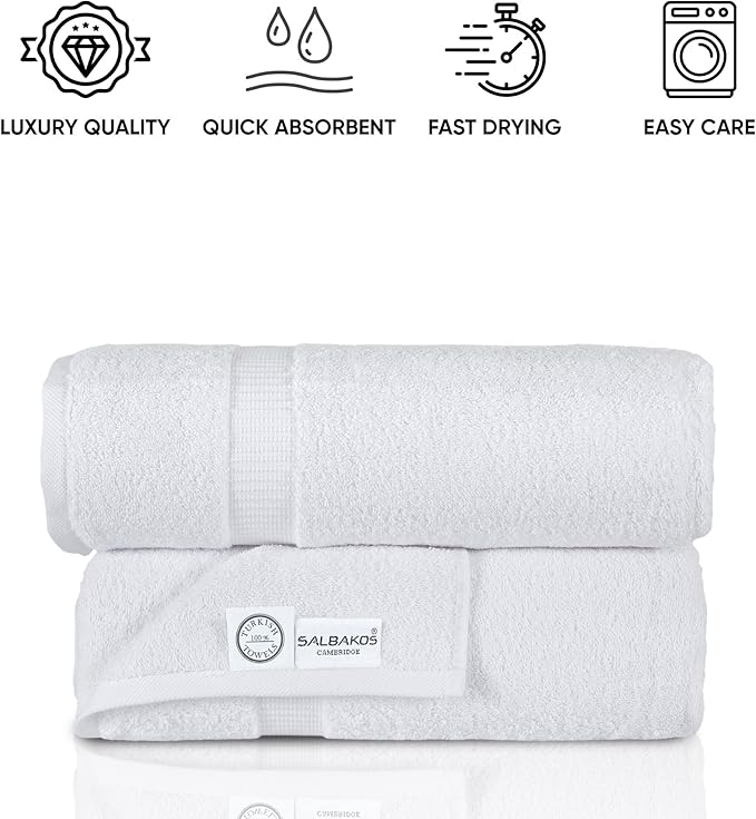 SALBAKOS 100% Turkish Cotton Extra Large Bath Sheet Set of 2 35x70 inch | Heirloom Quality | Hotel & Spa Collection | Soft, Absorbent Oversize Bath Towels | Made in Turkey (White, 2 Bath Sheets)