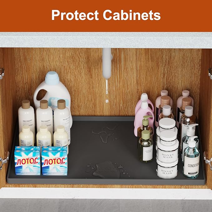 34" x 22" Heavy Duty Waterproof Silicone Mat with Raised Edge, Under Sink Mat for Kitchen & Bathroom, Kitchen Cabinet Liner, Multi-Purpose for Storage & Protection, Black