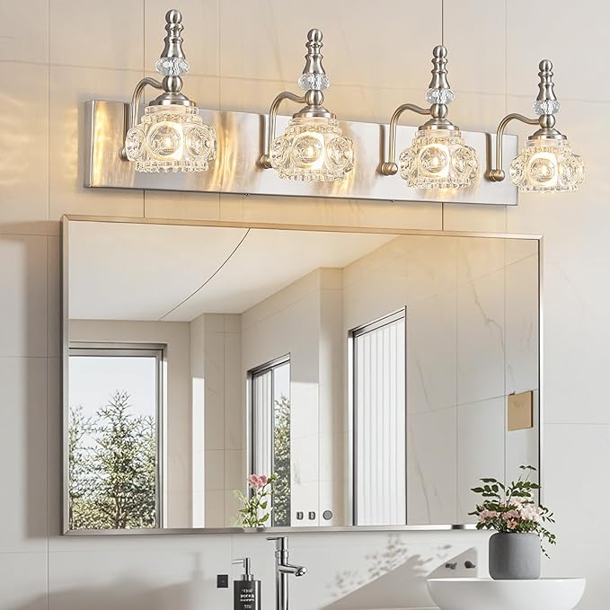 Modern Glass Crystal Vanity Light - Vintage Bathroom Lighting Fixtures Over Mirror, 4 Light Vanity Lights G9 Bulb (27.55 Inch, Nickel)
