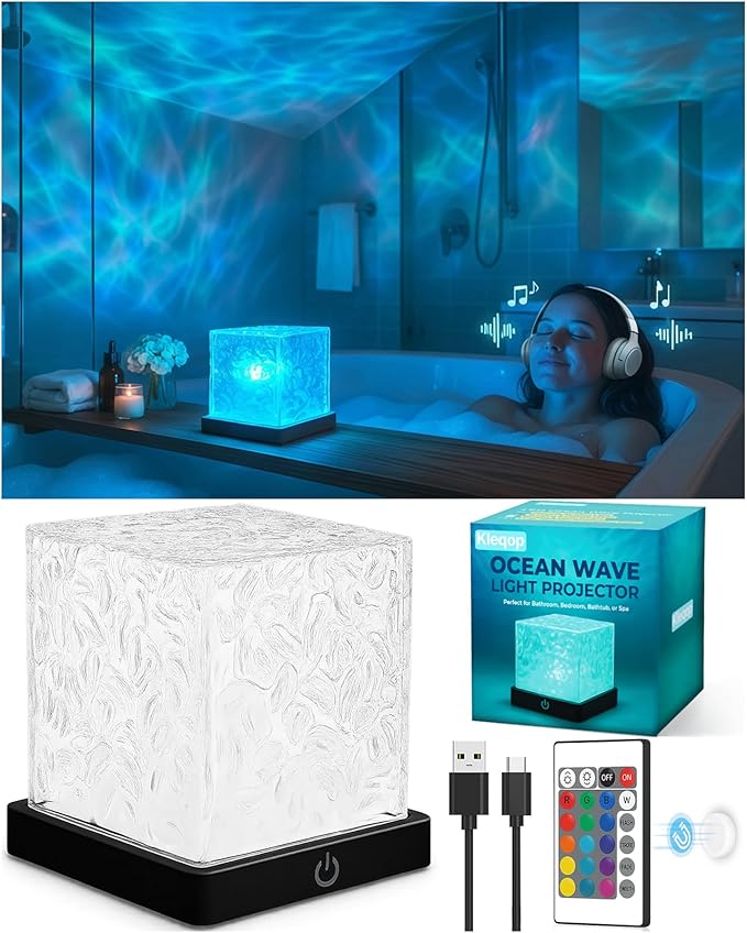 Rechargeable Shower Light Cube, 16 Color Ocean Wave Projector Light Battery Operated, Waterproof Shower Mood Lighting with Remote, Relaxing Bath Lights, Ocean Lamp for Bathroom, Bedroom, Ocean Gifts