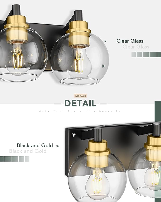 Bathroom Light Fixtures, 3-Light Black and Gold Bathroom Vanity Light, Modern Wall Sconces with Globe Clear Glass Shade, Vanity Lighting Fixtures Over Mirror, VL195-KG-3