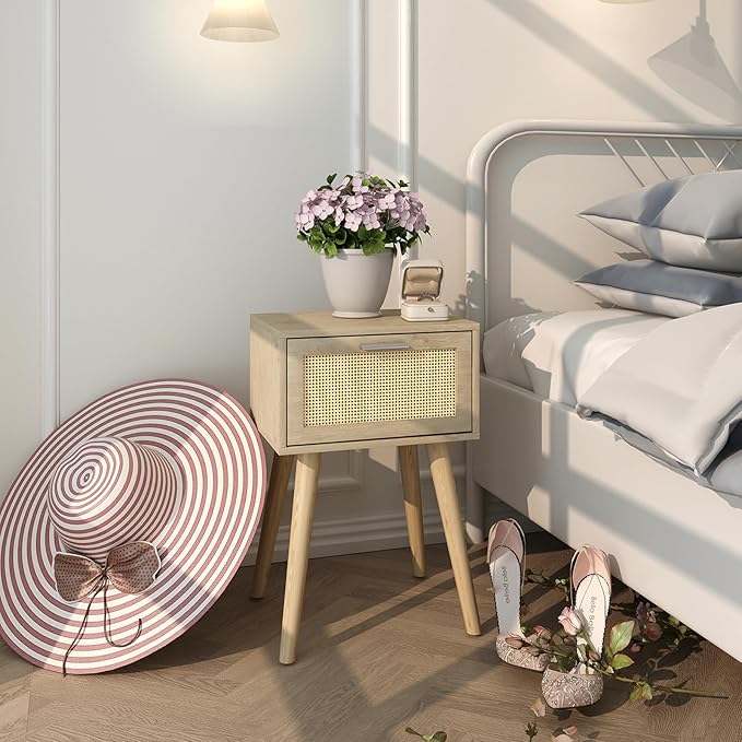 LAATOOREE Nightstand Set of 2, Small Bedside Table, Boho Side End Table, Rattan Door, Solid Wood Feet for Bedroom and Living Room