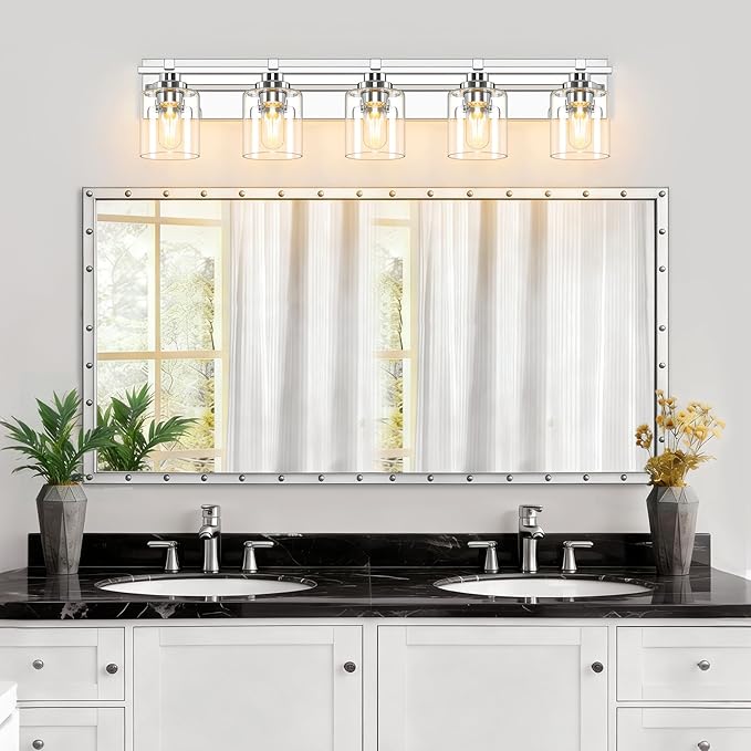 5 Light Modern Bathroom Light Fixtures Over Mirror, Chrome Vanity Lights for Bathroom Wall Sconces with Clear Glass Shades, E26 Socket (Bulbs Not Included)