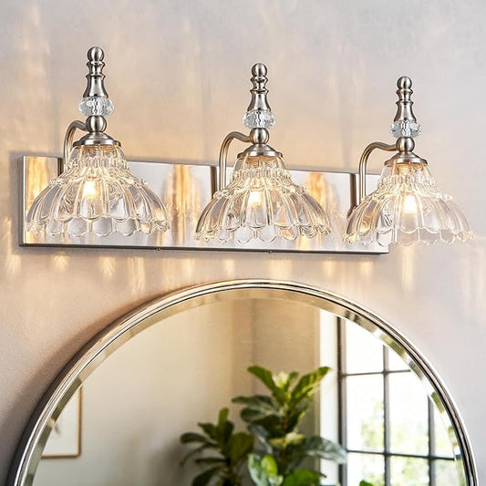 Vintage Bathroom Vanity Light, 3-Light Brushed Nickel Vanity Lighting Fixture with Flower Glass Shade, Bathroom Lighting Fixtures Over Mirror