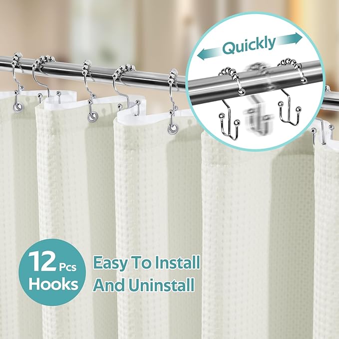 3 in 1 Shower Curtain Set, Waffle Shower Curtain and Liner Set with 12 Double Sided Shower Curtain Hooks, 258GSM Luxury Weighted Cloth Shower Curtains for Bathroom, 72 W x 72 H, Cream