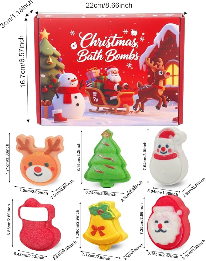 Christmas Bath Bombs for Kids & Women, Handmade Bath Bomb Gift Set of 6 Fun Shapes, Perfect Stocking Stuffers for Teen Girls & Boys, Skin Care Bathbombs as Christmas Gifts for Kids