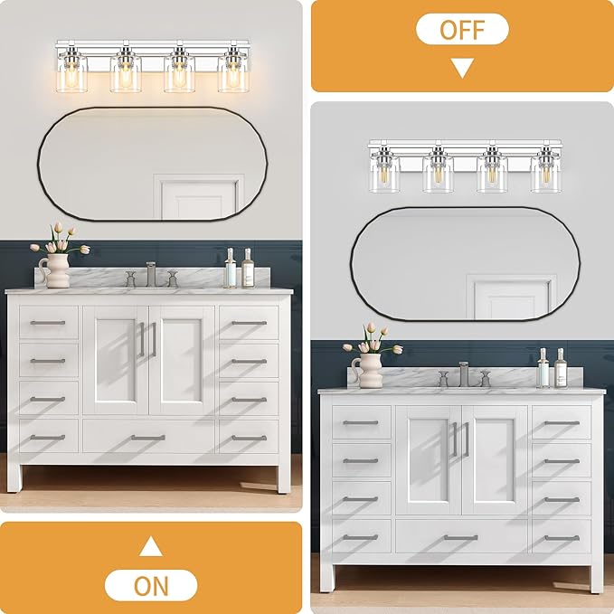 4 Light Modern Bathroom Light Fixtures Over Mirror, Chrome Vanity Lights for Bathroom Wall Sconces with Clear Glass Shades, E26 Socket (Bulbs Not Included)