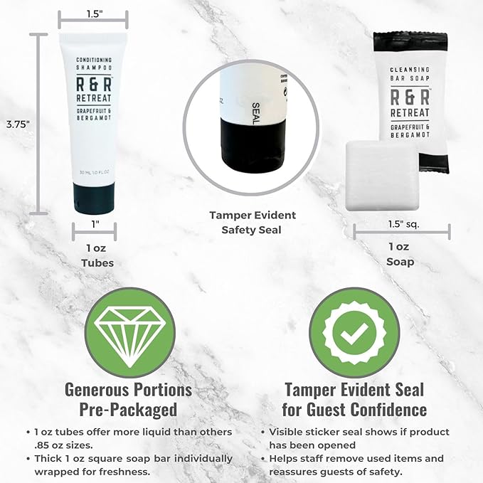 R&R Retreat Hotel Toiletry Sets - 30 Pre-Assembled 3-Piece Guest Amenities in Organza Bags - 2-in-1 Conditioning Shampoo, Body Lotion & Sachet-Wrapped Soap - Grapefruit & Bergamot Scent