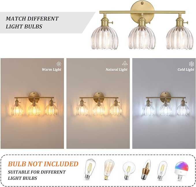 Bathroom Light Fixtures, 3-Light Brass Vanity Wall Light Over Mirror with Clear Tulip Glass Shade for Bedroom Living Room (Bulb Not Included)
