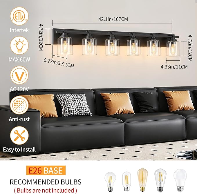 6 Light Modern Bathroom Light Fixtures Over Mirror, Black Vanity Lights for Bathroom Wall Sconces with Clear Glass Shades, E26 Socket (Bulbs Not Included)
