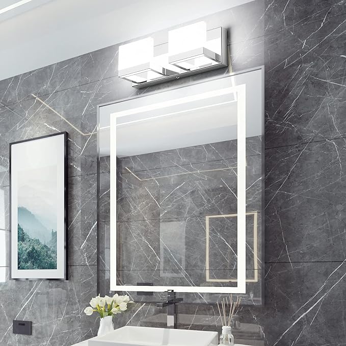 Tipace LED Dimmable Modern 2-Light Vanity Fixture for Bathroom - Frosted White Acrylic Chrome Up and Down Light Over Mirror (6000K)