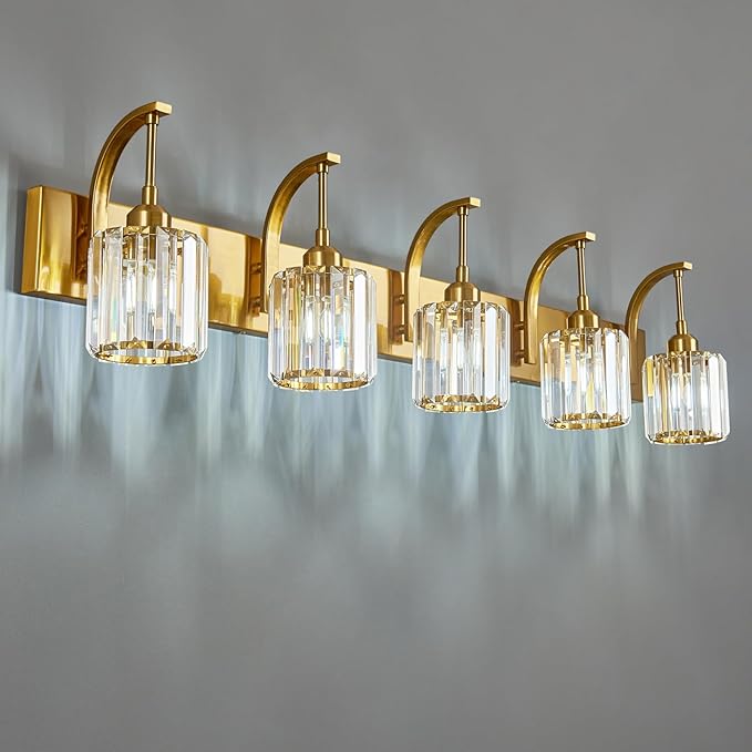 5-Light Crystal Vanity Light, Modern Gold Bathroom Wall Sconce with K9 Crystal Shades, 42.51" Long Over Mirror Lighting for Vanity, Makeup, Hallway, Elegant & Easy Installation