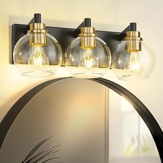Bathroom Light Fixtures, 3-Light Black and Gold Bathroom Vanity Light, Modern Wall Sconces with Globe Clear Glass Shade, Vanity Lighting Fixtures Over Mirror, VL195-KG-3
