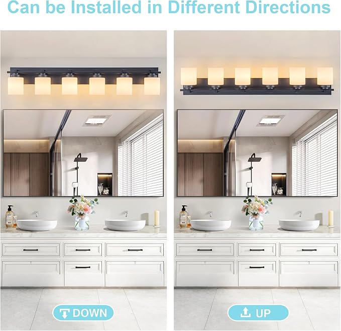 6 Light Modern Bathroom Light Fixtures Over Mirror, Black Vanity Lights for Bathroom Wall Sconces with Milky White Glass Shades, E26 Socket (Bulbs Not Included)